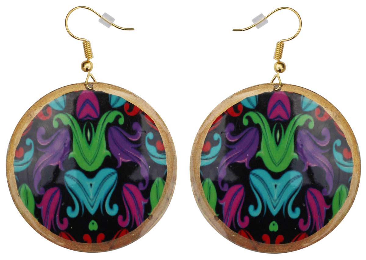 2.5” Pair of Round Hook Earrings in Brass - Colorful Floral Pattern - Drop Earrings / Women Fashion Jewelry - Buy in Bulk Wholesale